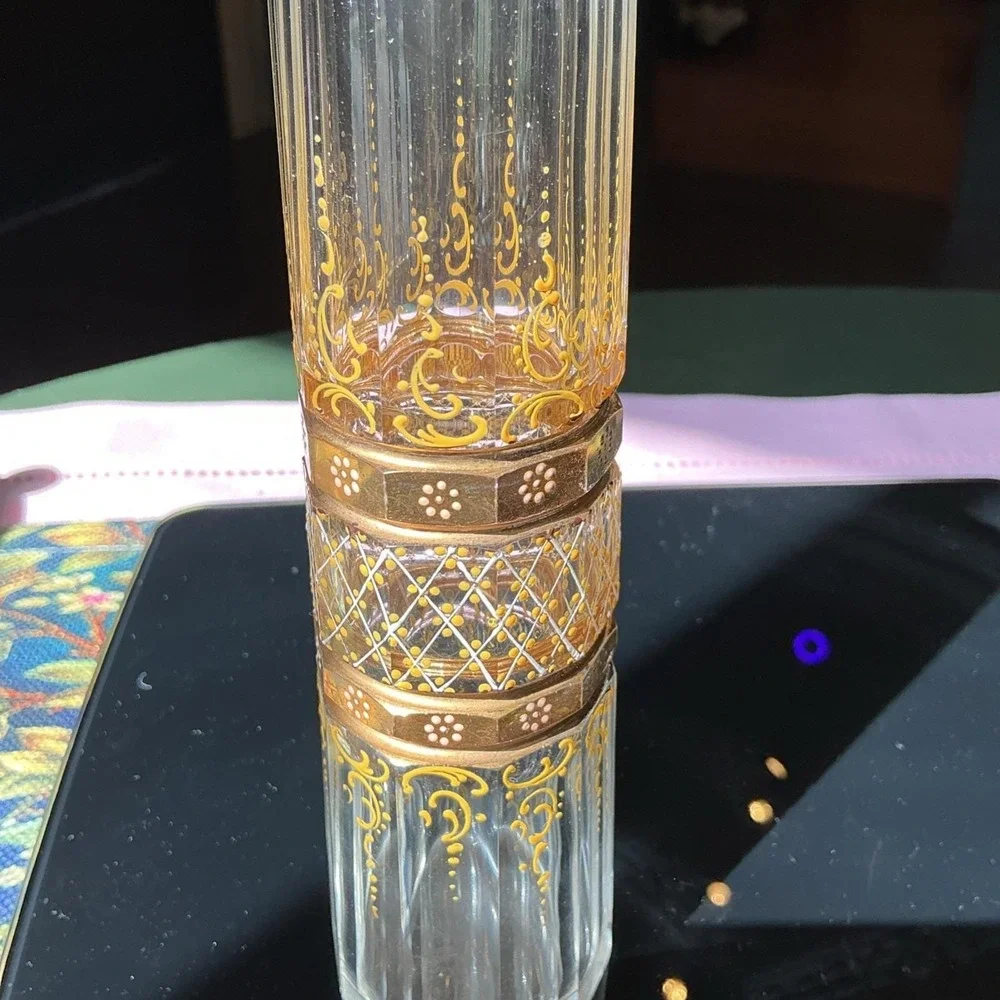 Antique Bohemian Hand‎ Painted Gilded Glass Vase, 7.75